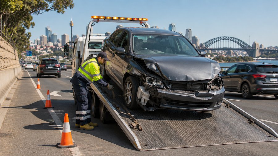 Professional accident recovery service loading a damaged vehicle onto a tow truck in Sydney