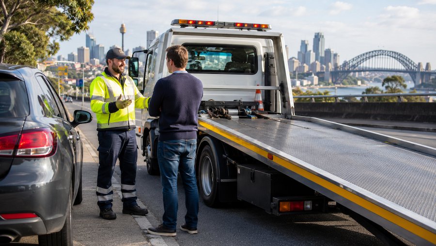Professional towing operator discussing vehicle recovery options with a driver in Sydney