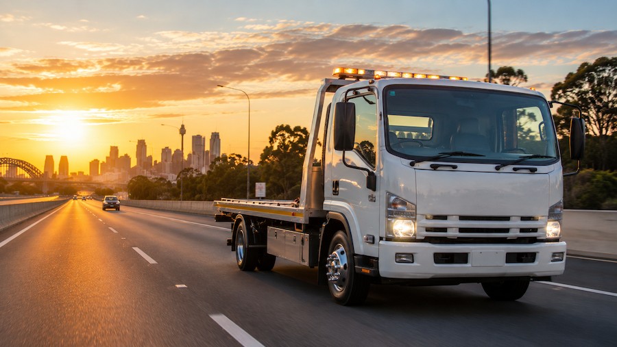 Professional tilt tray tow truck travelling through Sydney for vehicle recovery services