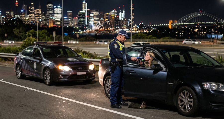 NSW Police officer conducting a roadside breath test in Sydney, highlighting drink driving offences and road safety enforcement.