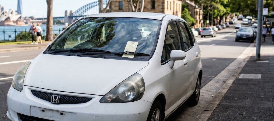 Driver receives a parking infringement notice on a parked car in Sydney NSW, illustrating common driving and parking offences.