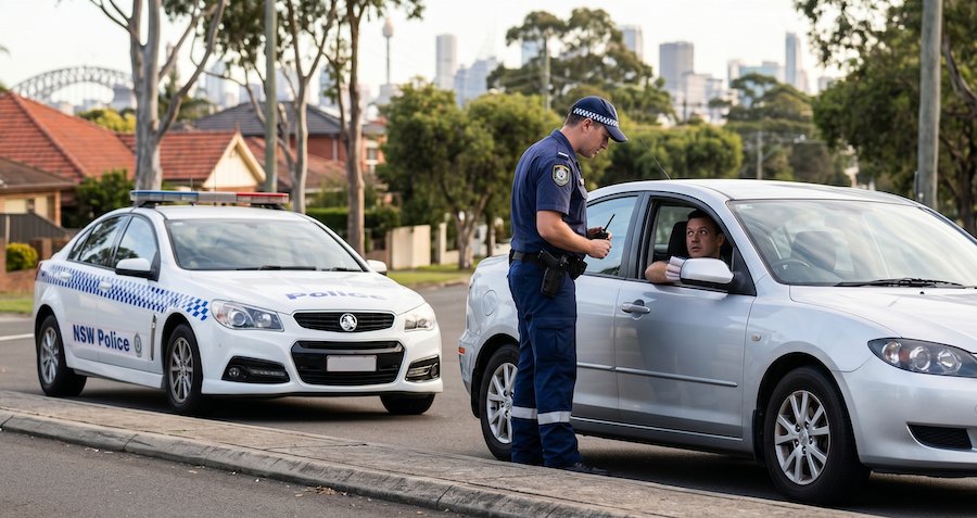 NSW Police officer speaking with a driver during a roadside traffic stop in Sydney for a suspected driving offence.