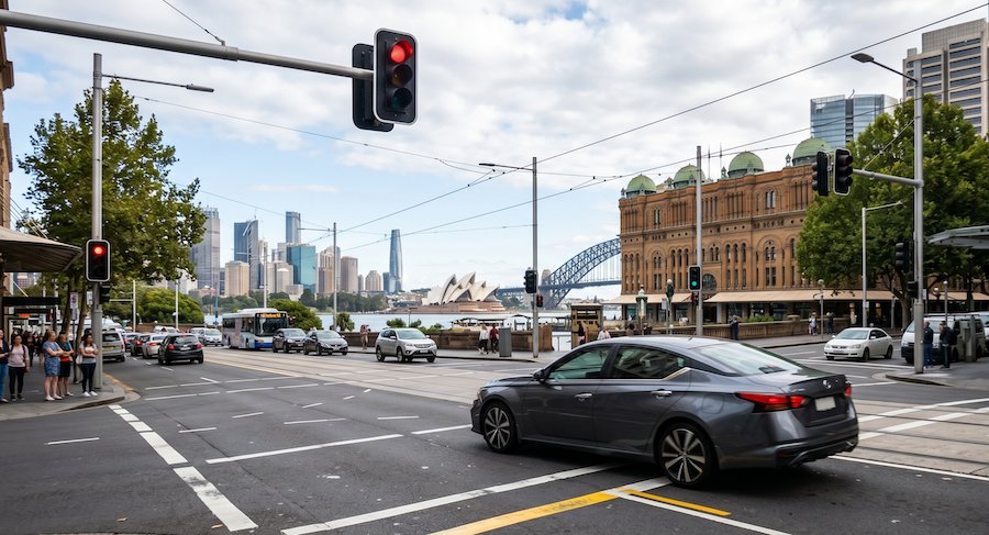 Vehicle approaching a Sydney intersection with red traffic lights, representing red light and speeding offences in NSW.