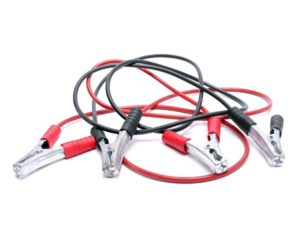 Jumper cables used to jumpstart a car.