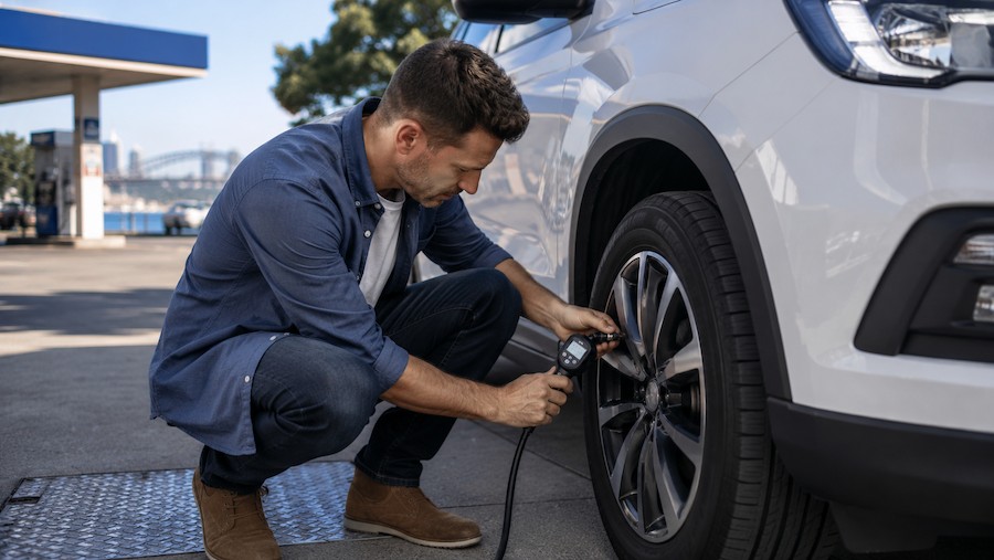 Checking tyre pressure before driving to improve fuel efficiency and reduce fuel consumption