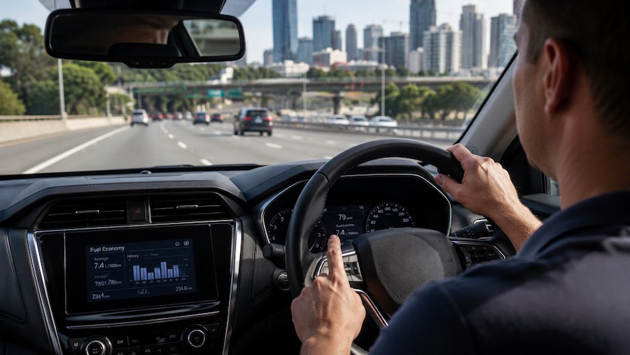 Driver using fuel-efficient driving techniques on a Sydney motorway to improve fuel economy