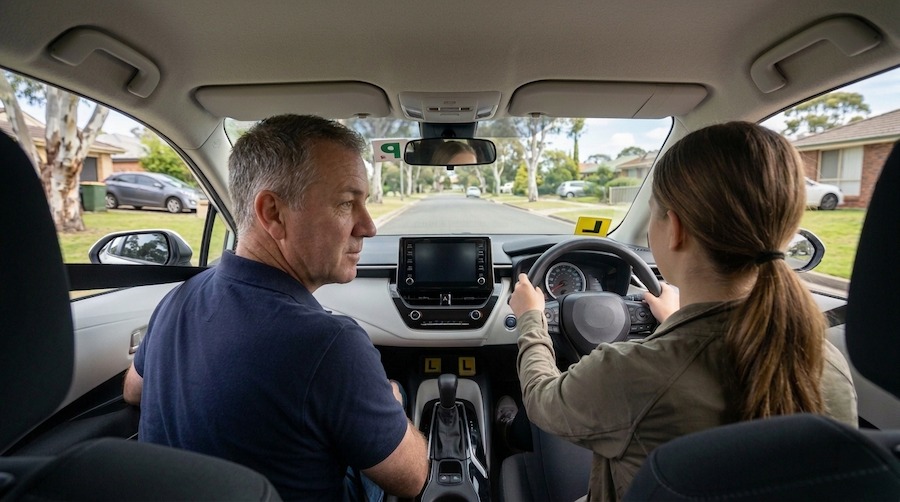 Driving instructor teaching a learner driver during a driving lesson in Sydney Australia