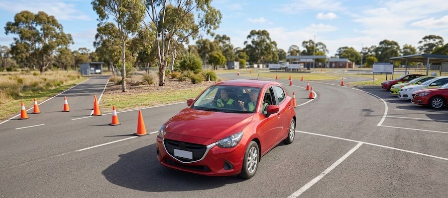 Learner driver practising manoeuvres on a driving test course in Sydney Australia