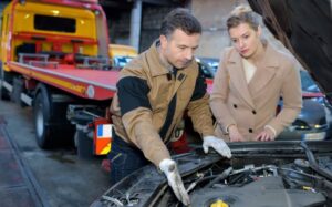 Mechanic explaining to customer.