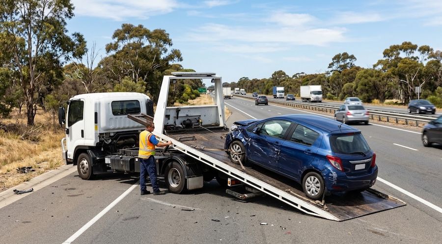 tow truck loading damaged car after road accident on Sydney highway