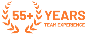 An orange laurel wreath graphic featuring the text “55+ YEARS TEAM EXPERIENCE,” highlighting Fast Sydney