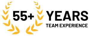 A gold laurel wreath beside the text “55+ YEARS TEAM EXPERIENCE” in black, emphasizing Fast Sydney Towing’s extensive industry expertise.