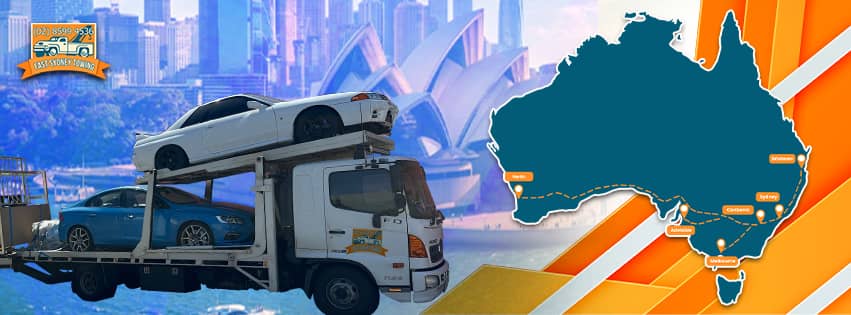 Interstate car transport truck from Fast Sydney Towing with route map across Australia.