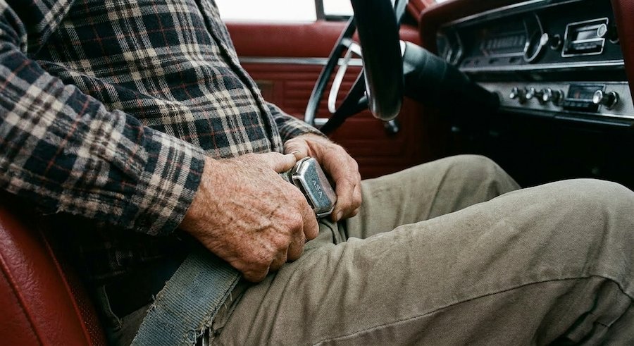 driver fastening lap seat belt before driving for road safety