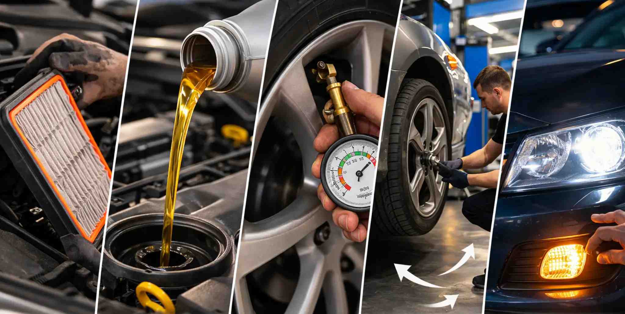 Car maintenance checklist showing air filter replacement, engine oil change, tyre pressure check, wheel service, and headlight inspection in Sydney Australia.