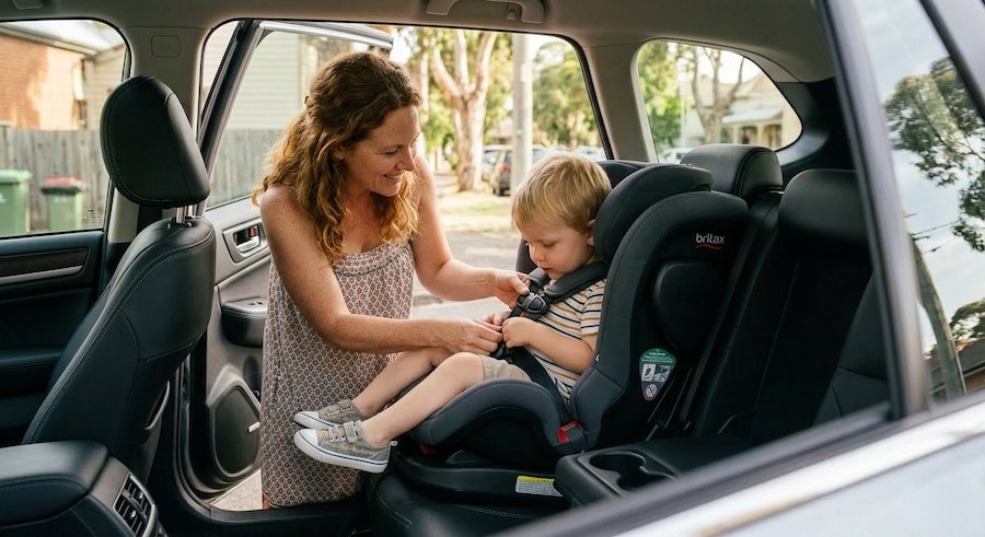 mother securing child seat belt in car seat for safe travel