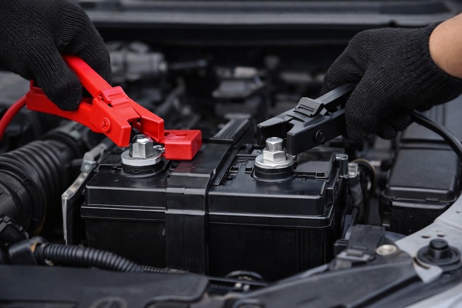 Connecting jumper cables to a car battery terminals to jump start a car safely in Sydney, Australia.