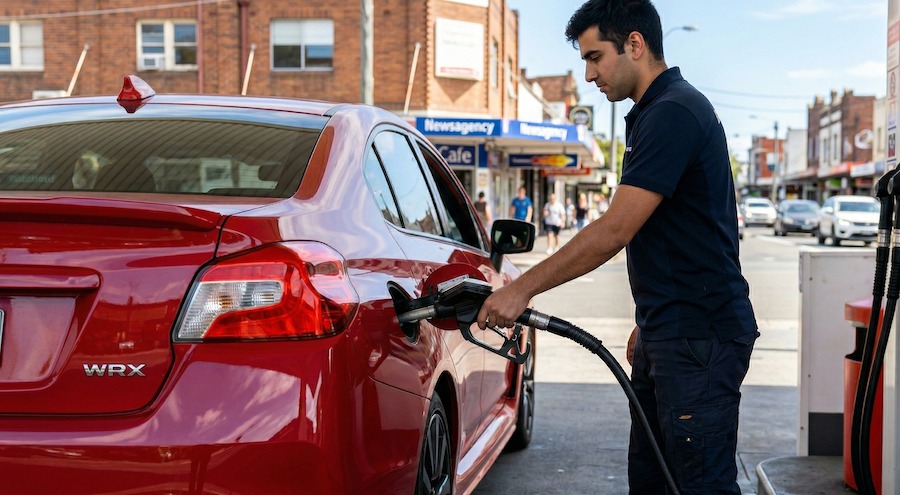 Driver refuelling car at petrol station in Sydney as fuel and petrol prices rise