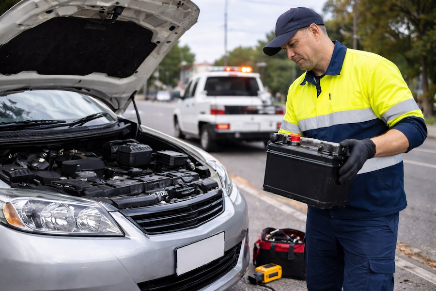 Roadside technician replacing a dead car battery during roadside assistance in Sydney, Australia.