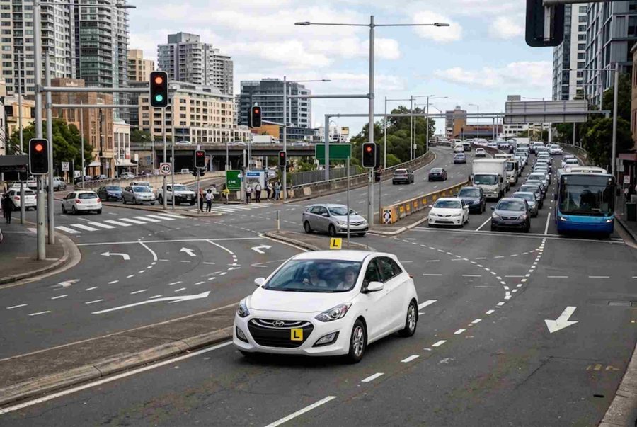 Learner driver practising at a busy Sydney intersection during a driving lesson in Sydney Australia