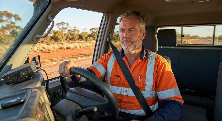 driver wearing seat belt while operating work vehicle on Australian road