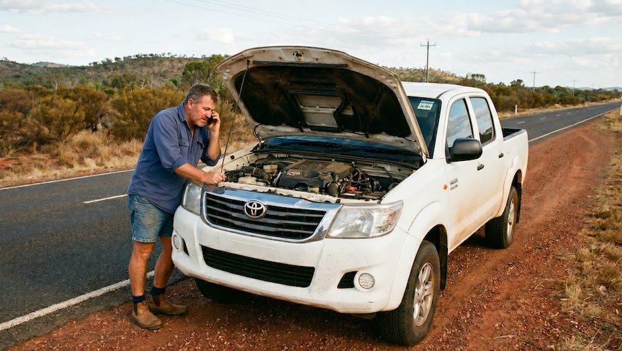 Driver calling for roadside assistance and insurance towing after vehicle breakdown in Sydney