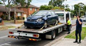 Damaged vehicle loaded onto tow truck in Sydney for insurance claim towing and vehicle recovery