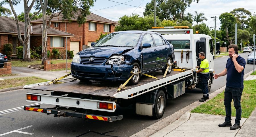 Damaged vehicle loaded onto tow truck in Sydney for insurance claim towing and vehicle recovery