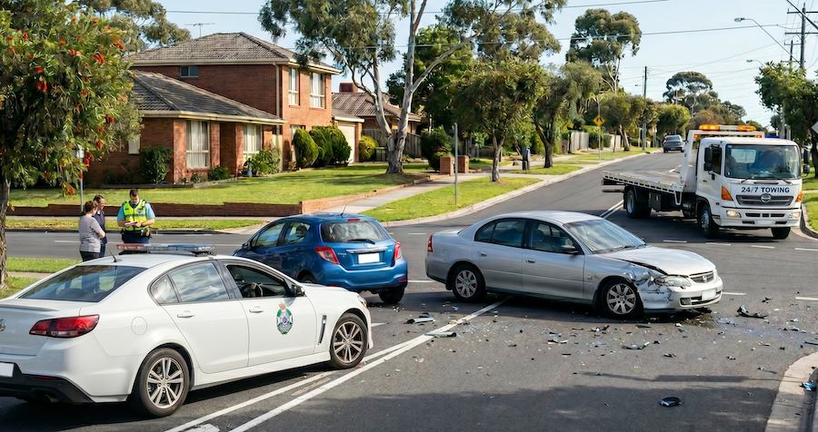 Vehicle accident at Sydney intersection awaiting insurance towing and accident recovery services