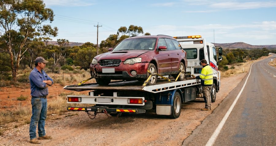 Insurance towing service recovering broken down vehicle on roadside near Sydney