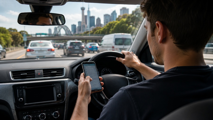 Driver using a mobile phone while driving in Sydney traffic, illustrating distracted driving and mobile phone driving offences in NSW.