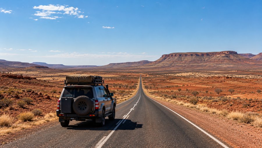 Adventure 4WD driving through the NSW outback on a long-distance Australian road trip across remote desert roads