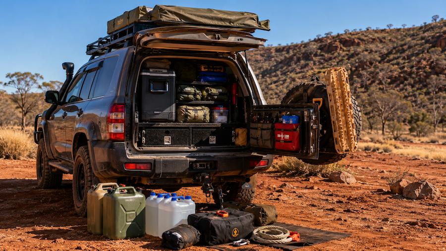 Fully equipped 4WD with recovery gear, fuel and water supplies prepared for an Australian outback road trip