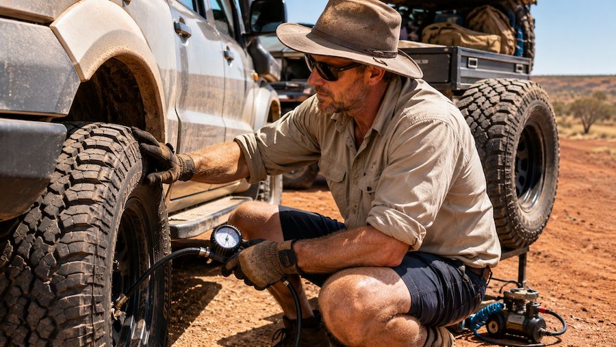 Driver checking 4WD tyre pressure on a remote Australian outback road trip across New South Wales