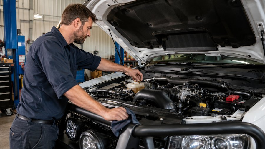 Mechanic inspecting a 4WD engine before an Australian outback road trip to prevent breakdowns in remote NSW regions