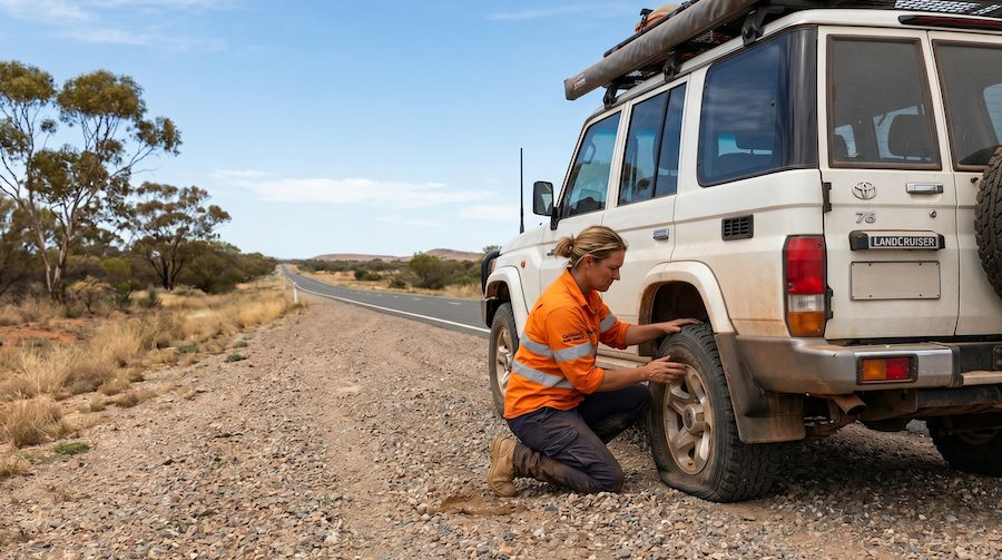 Roadside assistance worker changing a flat tyre on a four-wheel drive vehicle near Sydney.