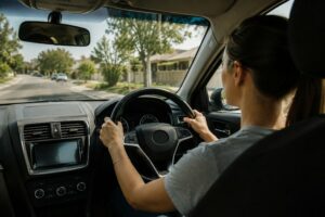Driver maintaining safe driving position on a suburban Sydney road