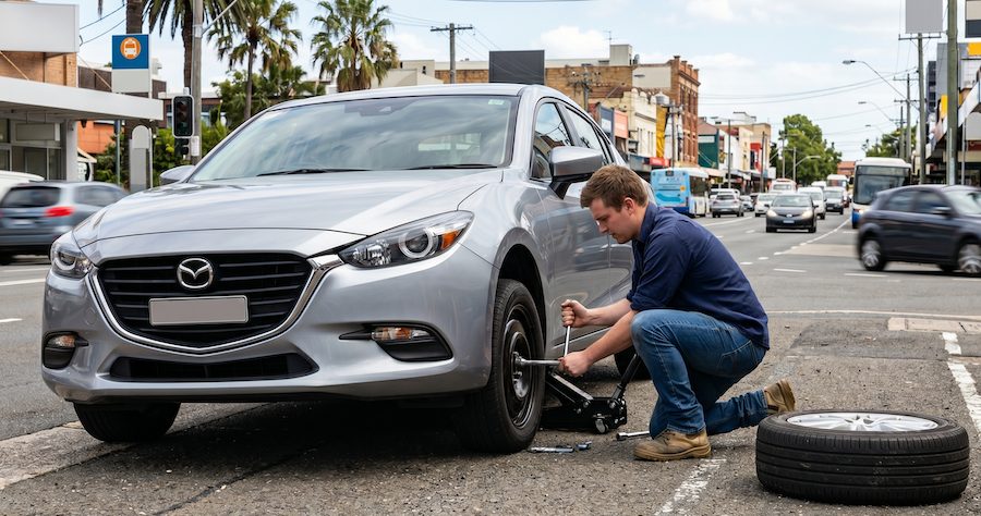 Driver changing a flat tyre and fitting a spare wheel beside a busy Sydney street.