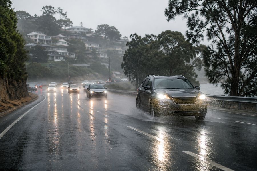 Vehicles travelling carefully on a wet Sydney road during heavy rain