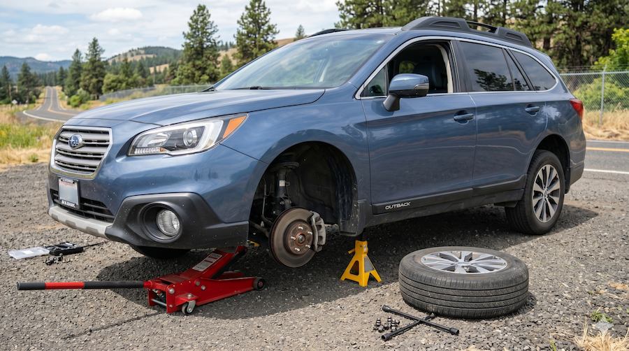 Vehicle with a flat tyre and removed wheel during a tyre change on the roadside in Sydney.